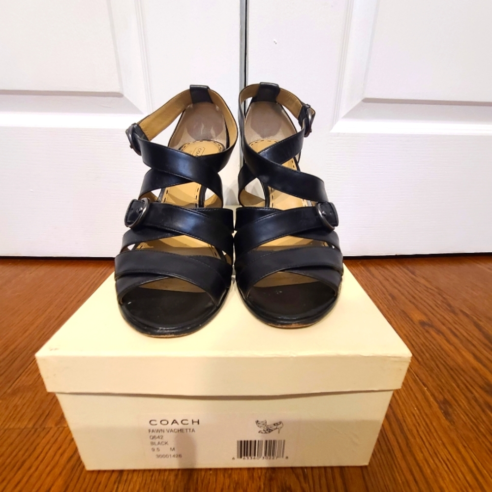 Coach Fawn Vachetta high heel strappy sandals, size 9.5, black leather